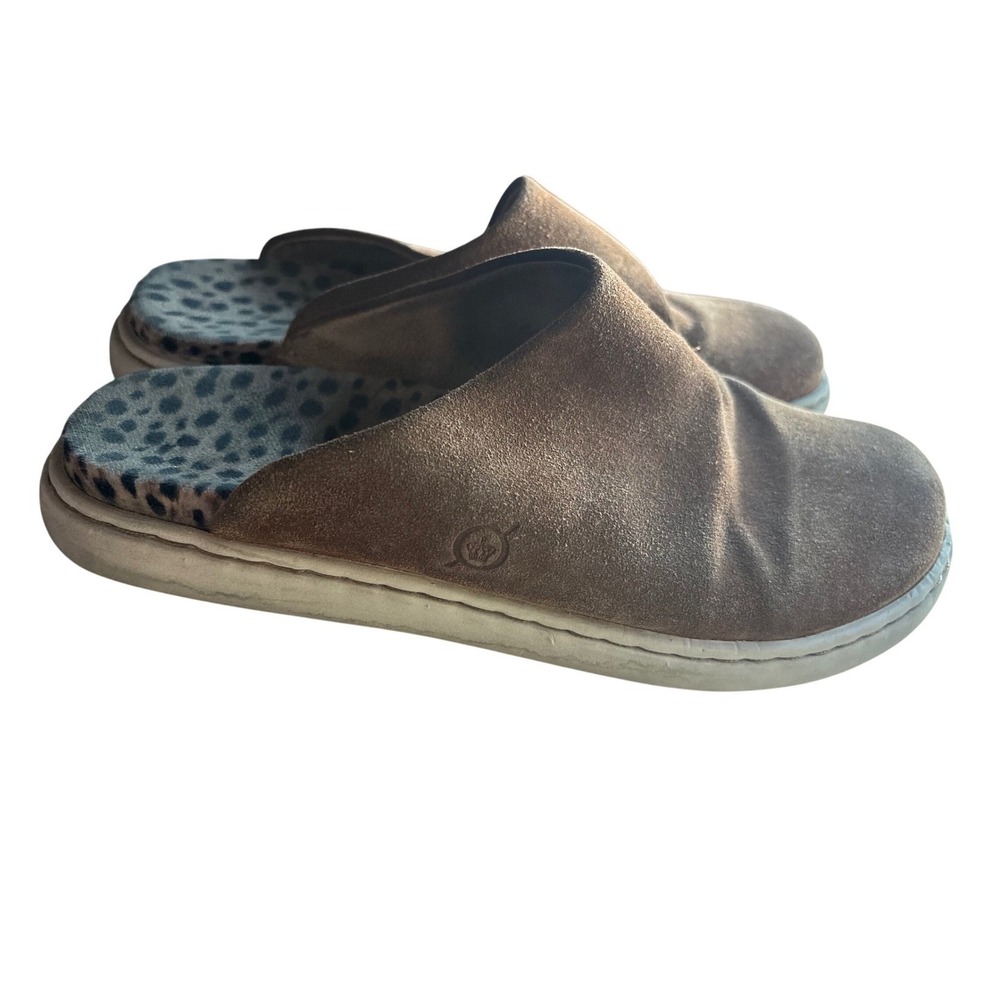 Born Womens 8M Suede Mule Slippers Brown Leopard Print Insole resort old money‎